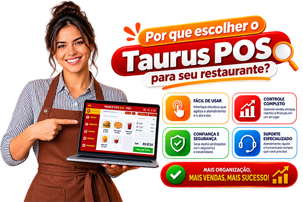 Mulher segurando notebook com o sistema TaurusPOS