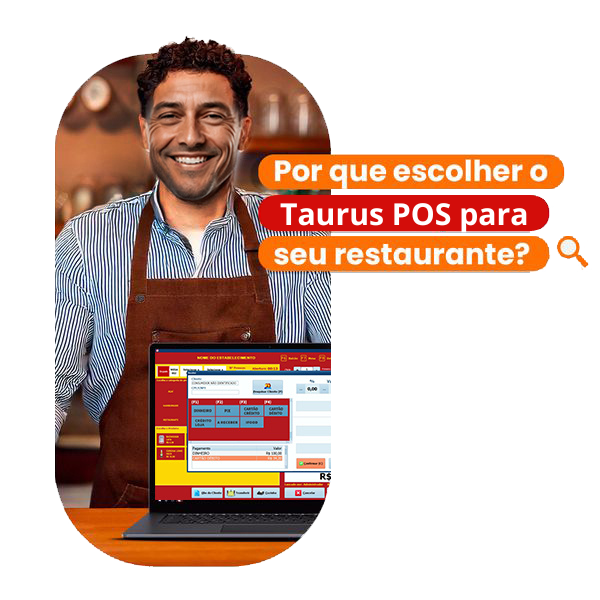 Mulher segurando notebook com o sistema TaurusPOS